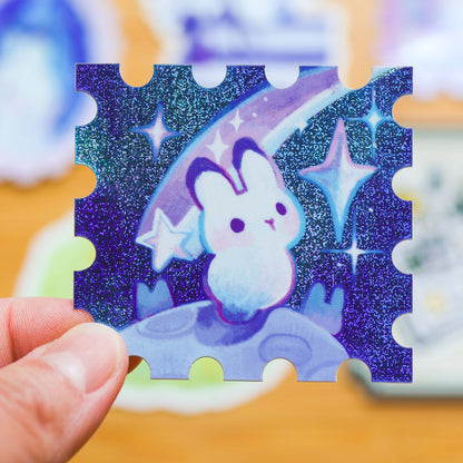 Holographic Rabbit in Outerspace Stamp Vinyl Sticker | Waterproof Decal