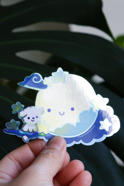 Holographic Fluffy and the Moon Vinyl Sticker | Waterproof Dog Decal