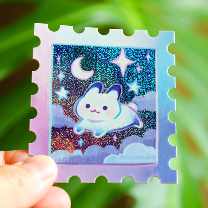 Holographic Starry Night and Rabbit Stamp Vinyl Sticker | Waterproof Decal