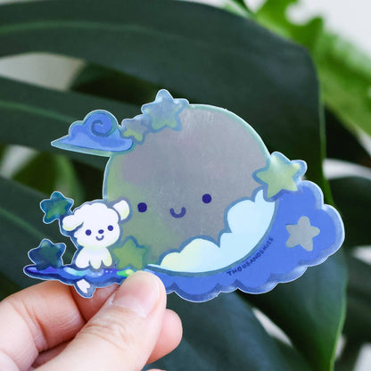 Holographic Fluffy and the Moon Vinyl Sticker | Waterproof Dog Decal
