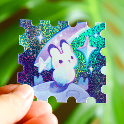 Holographic Rabbit in Outerspace Stamp Vinyl Sticker | Waterproof Decal