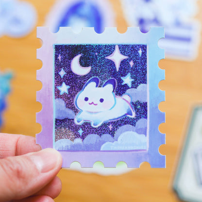 Holographic Starry Night and Rabbit Stamp Vinyl Sticker | Waterproof Decal