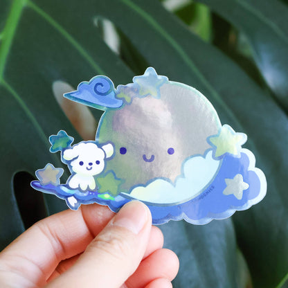 Holographic Fluffy and the Moon Vinyl Sticker | Waterproof Dog Decal